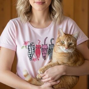 American Sweetheart Pink Novelty Cat Graphic Tee Cotton Blend Ladies Size M